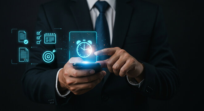 A businessman using a smartphone with digital icons floating above it in a dark setting in a suit business.selling ,purchasing,agreement 