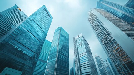 Fototapeta premium Corporate skyline of Singapore featuring modern skyscrapers and financial district office buildings.