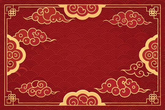 Generate a detailed image of a traditional Asian cloud border design in rich red and gold hues, showcasing intricate detailing and flowing lines.