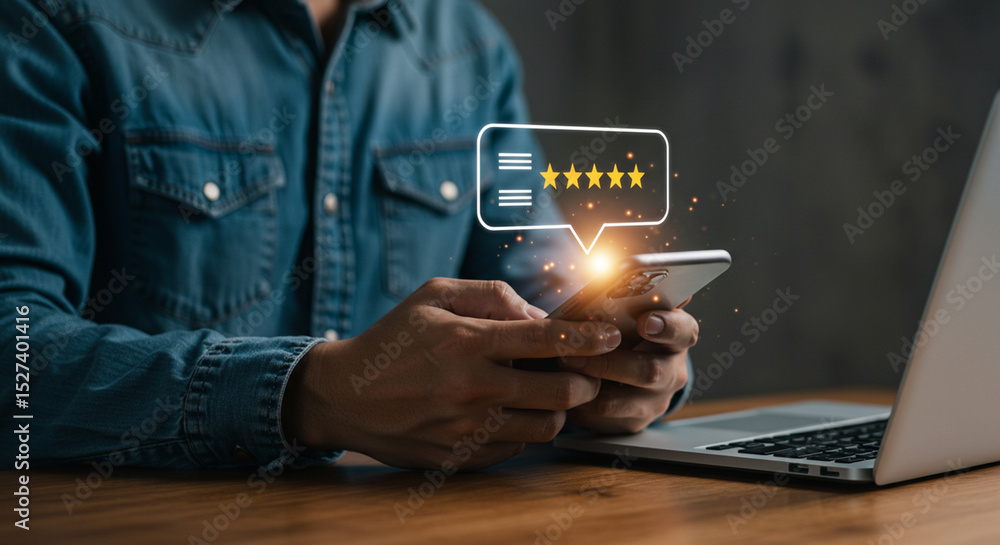 Poster person using smartphone with five star rating bubble and laptop on desk in a dimly lit room setting 