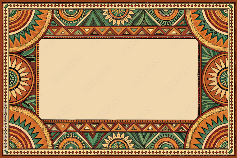 Poster design a bold frame border featuring a tribal pattern in earthy tones. the style should be geometric