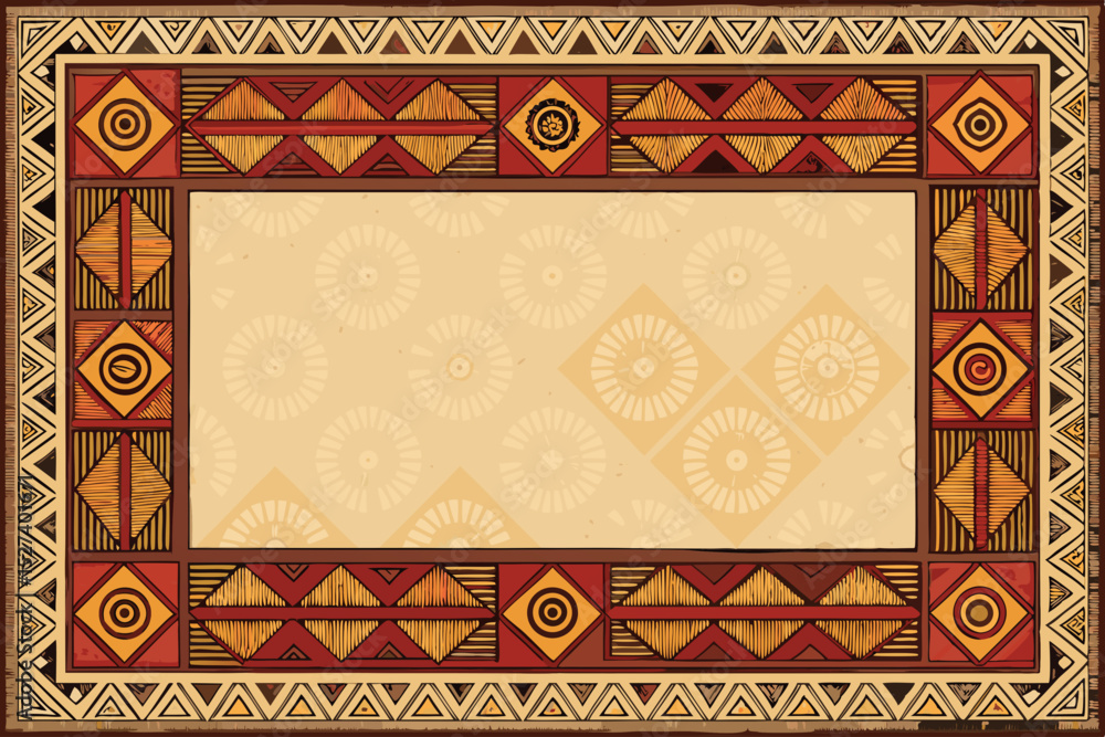 Poster design a square frame border featuring a bold tribal pattern using earthy tones like terracotta, och