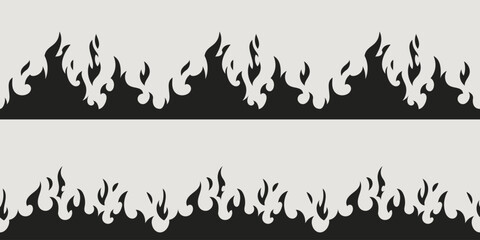 Fire border silhouette patterns - black flame shapes, burning edge design elements for hot graphics, decorative blaze strips with seamless repeat, danger warning symbols and inferno themed dividers.