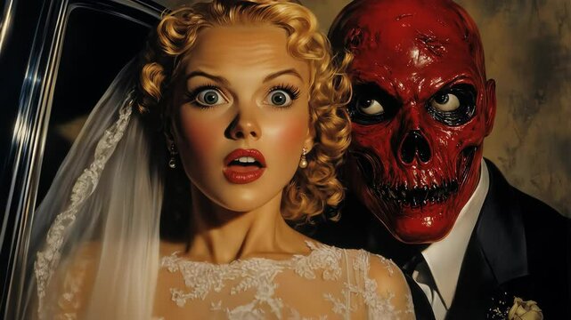 Scared bride in a car with a red skull monster groom.