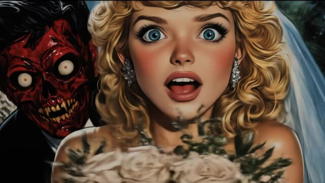 Terrified bride with a demonic groom in a retro horror style.