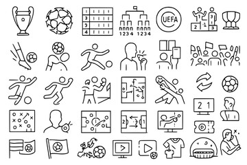 UEFA Champions League Football Soccer Line Icon Set: Tournament, Match, Player, Fan, and Championship Symbols