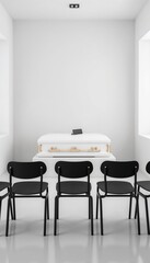 Minimalist funeral home interior with chairs in white setting  