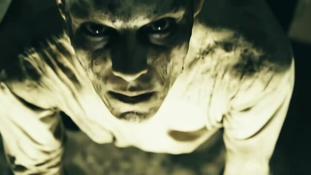 Aggressive zombie or vampire man looking up at the camera.