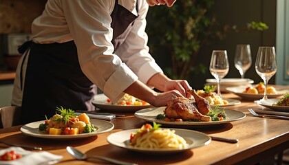 Private chef serves gourmet meal on restaurant table. Grilled chicken, vegetables with side dishes on plates. Ready for eating, delicious food for dinner. Fine dining experience, restaurant business,