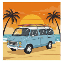 Summer vacation surf bus. Sunset tropical beach retro surfing. Vintage greeting card template, poster, sticker.