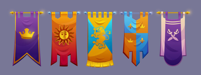 Medieval castle banners set for game interface - heraldic flags with lion emblem, fleur de lis, crown and sun symbols, silver gold pole. Kingdom pennants hanging on poles for fantasy rpg assets © klyaksun
