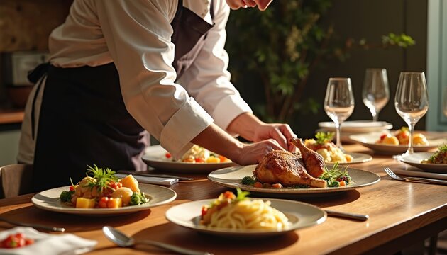 Private chef serves gourmet meal on restaurant table. Grilled chicken, vegetables with side dishes on plates. Ready for eating, delicious food for dinner. Fine dining experience, restaurant business,