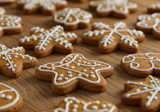 Festive gingerbread cookies feature intricate icing patterns on a wooden surface bakery perfection