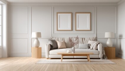 Light-filled, neutral living room with wooden accents
