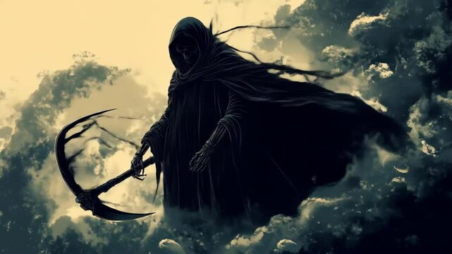 The Grim Reaper with a scythe floating in the clouds.