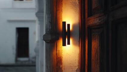 Warm light fixture on aged wall, door