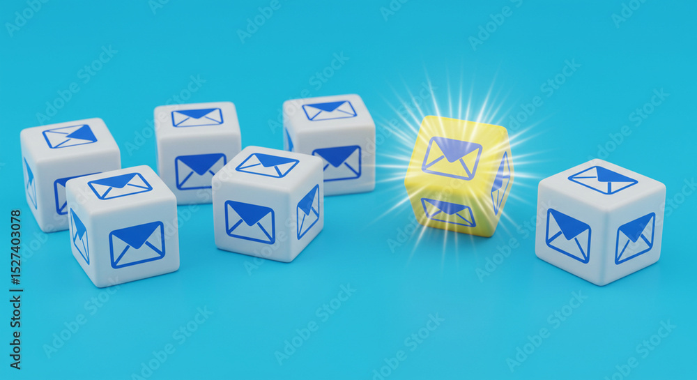 Aufkleber seven cubes with email symbols on a blue background and one cube is yellow with light rays around it