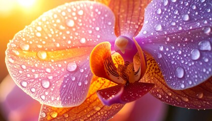 Dew-Covered Orchid in Warm Sunlight