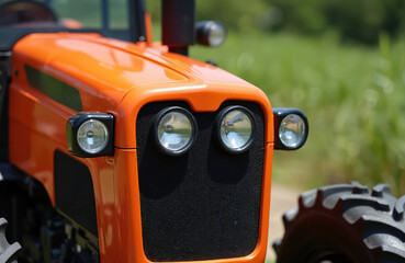 Close-up photo of orange tractor front. Industrial machine with headlights and black grill against green blurred background. Agricultural tech transport equipment. Modern farming.