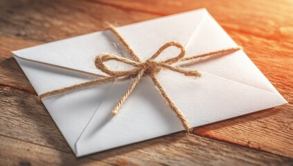 White envelope tied with twine bow on wooden table