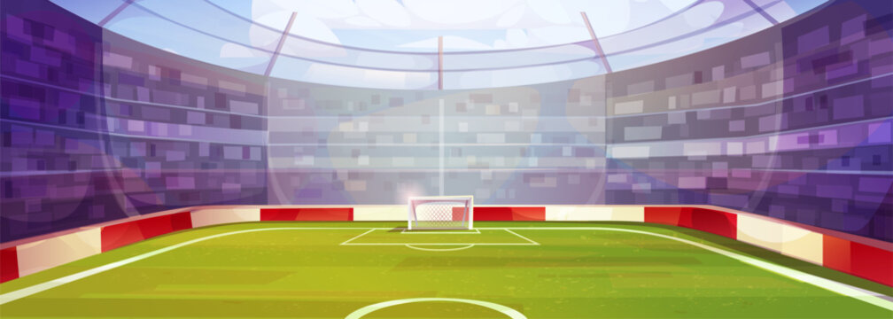 Cartoon soccer stadium interior view - green field with white lines, goal net at center, red and white barriers around pitch. Stands filled with crowd under dome roof for sports game or football match