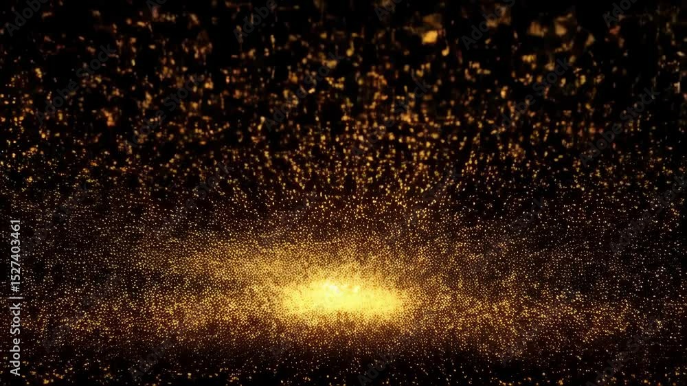Poster golden particles illuminate dark space, creating a radiant, shimmering effect with flowing, scattere