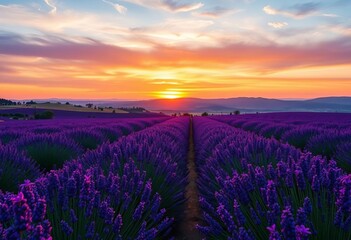 Fototapeta premium Sunset over Valensole Plateau, rows of purple lavender in full bloom, July, agriculture, image