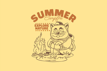Vintage camping cat t-shirt design. Cat adventure graphic tee for print. Retro summer outdoor vector illustration for apparel design. Cat lover design for merch