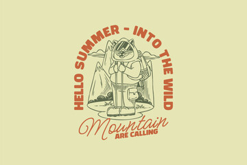 Vintage camping cat t-shirt design. Cat adventure graphic tee for print. Retro summer outdoor vector illustration for apparel design. Cat lover design for merch