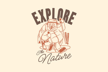 Vintage camping cat t-shirt design. Cat adventure graphic tee for print. Retro summer outdoor vector illustration for apparel design. Cat lover design for merch