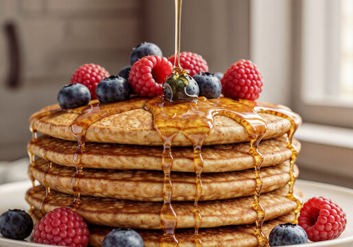 Stack of pancakes drips with syrup served with fresh raspberries and blueberries Ready to eat - Powered by Adobe