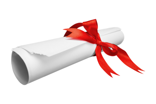A diploma scroll tied with a vibrant red ribbon against a stark black background in a studio shot