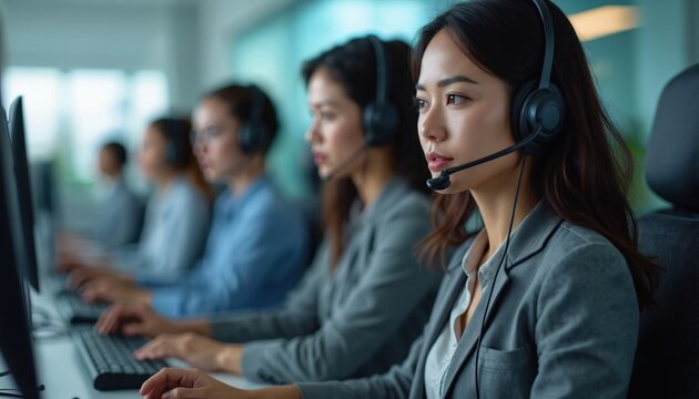 Team of 911 operators working in busy call center. Asian women in headsets help solve emergency issues. People work on computer in customer support. Dispatchers at work to provide public safety,