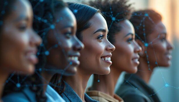 Group diverse women connected by network of lines, glowing lights, representing technology, future, digital world. Faces portraits convey vision of connection, innovation, progress, global