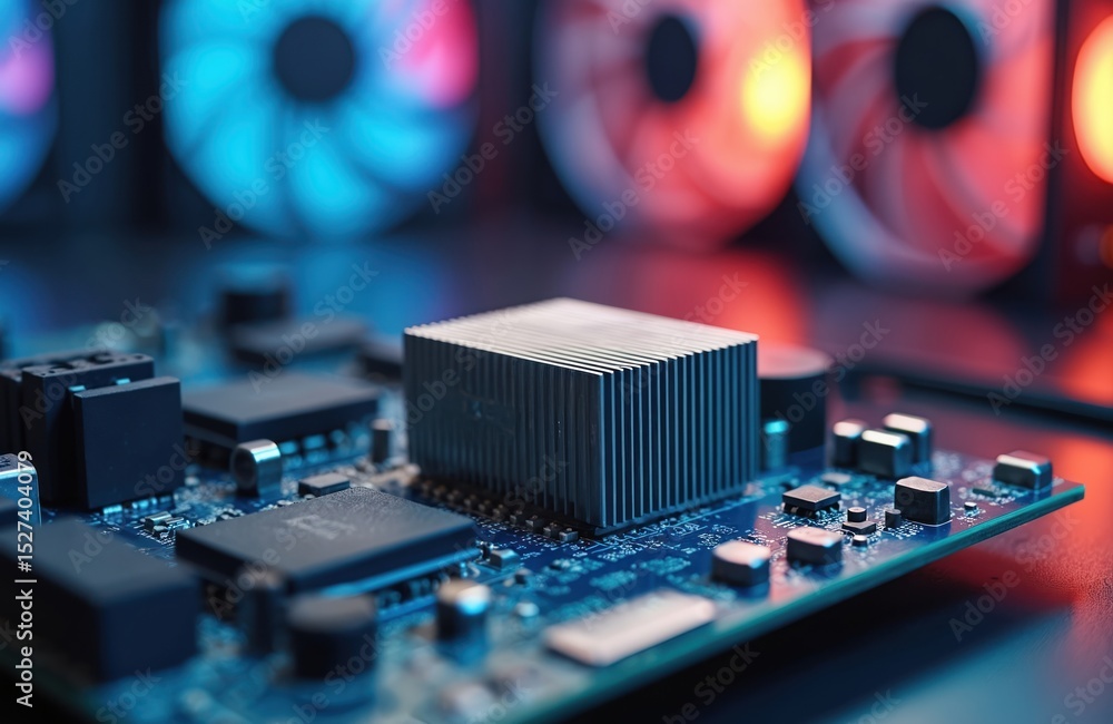Poster close-up of computer circuit board, components, microprocessor, with defocused power supply fans in 