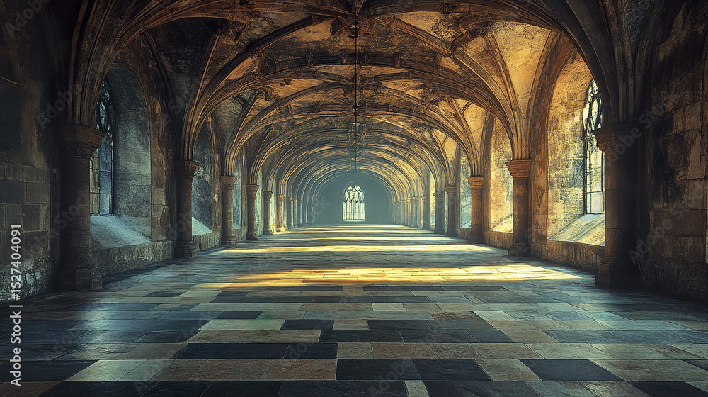Poster serene medieval corridor with arches and soft light creating tranquil atmosphere
