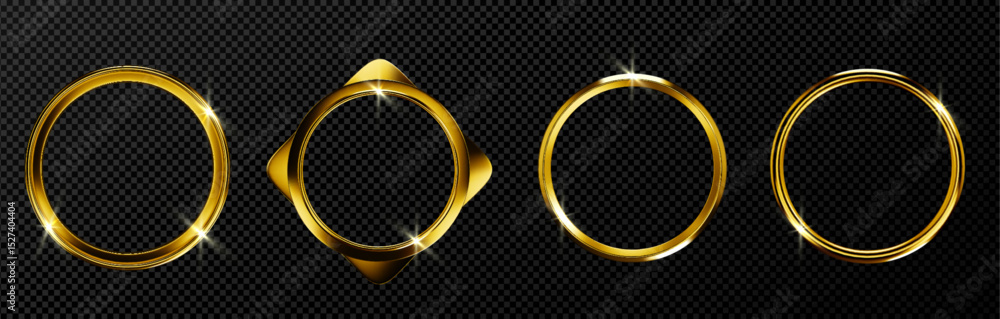 Poster golden metal ring frame set with shiny sparkles on transparent background - circular borders for lux