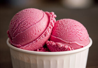 Pink ice cream scoops sit in a white cup Delicious treat offers cool refreshment perfect for a dessert