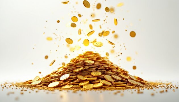 Gold coins rain, forming gold mountain on white background. Money, finance, investment, wealth, banking, economic success, abundance, prosperity, fortune, earning, profit concept.