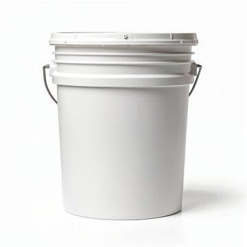 White plastic bucket isolated on white background. Closed lid, metal handle. Empty container for construction, cleaning, storage, paint, putty. Mockup design, product placement, retail, industry.