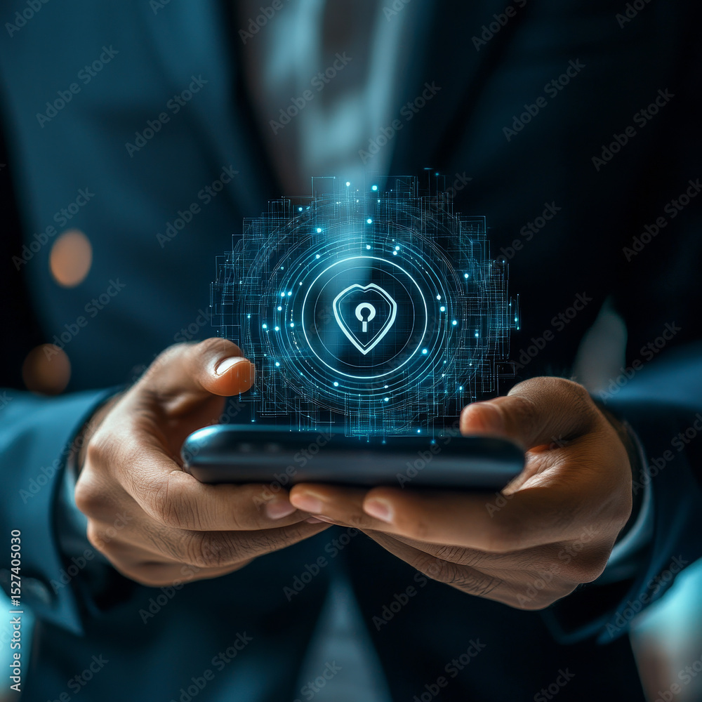 Poster businessman holding mobile security solutions, ensuring protection against cyber threats and safegua