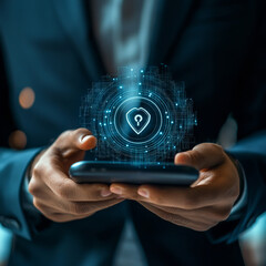 Businessman holding mobile security solutions, ensuring protection against cyber threats and safeguarding sensitive data from unauthorized access. User privacy builds trust in digital transactions.