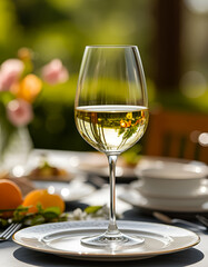 Glass of white wine on a served table
