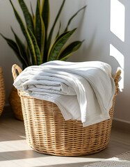 wicker basket with towels on light surface
