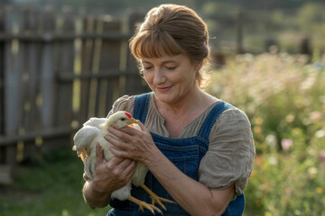 a woman holding a chicken in her hands
