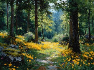 Obraz premium Behold a Sunlit Forest, Blooming Wildflowers, Rustling Leaves