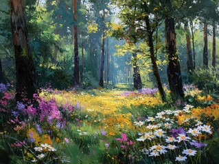 Obraz premium Behold a Sunlit Forest, Blooming Wildflowers, Rustling Leaves