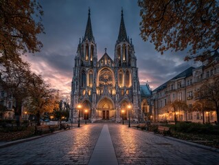 Fototapeta premium Capture a captivating long shot of a Gothic cathedral at dusk