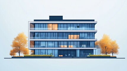 Flat vector design of a model office building, showcasing architectural details and corporate structures