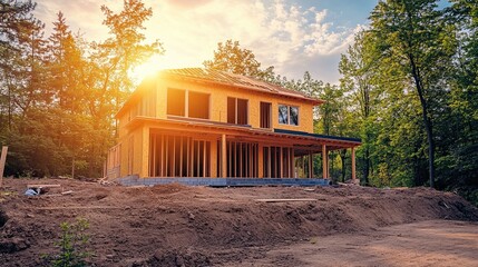 Framing of a new house under construction, showing the foundation and structure being built.